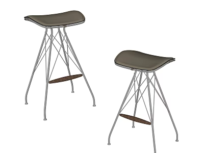 Two Modern Bar Stools With Gray Leather Seat Metal Frame And Wooden Footrest 3d model