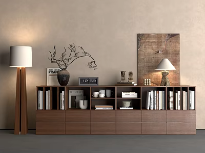 Quiet Ancient Bookcase Low Bookcase Side Cabinet Finished Bookcase Floor Lamp Books 3d model