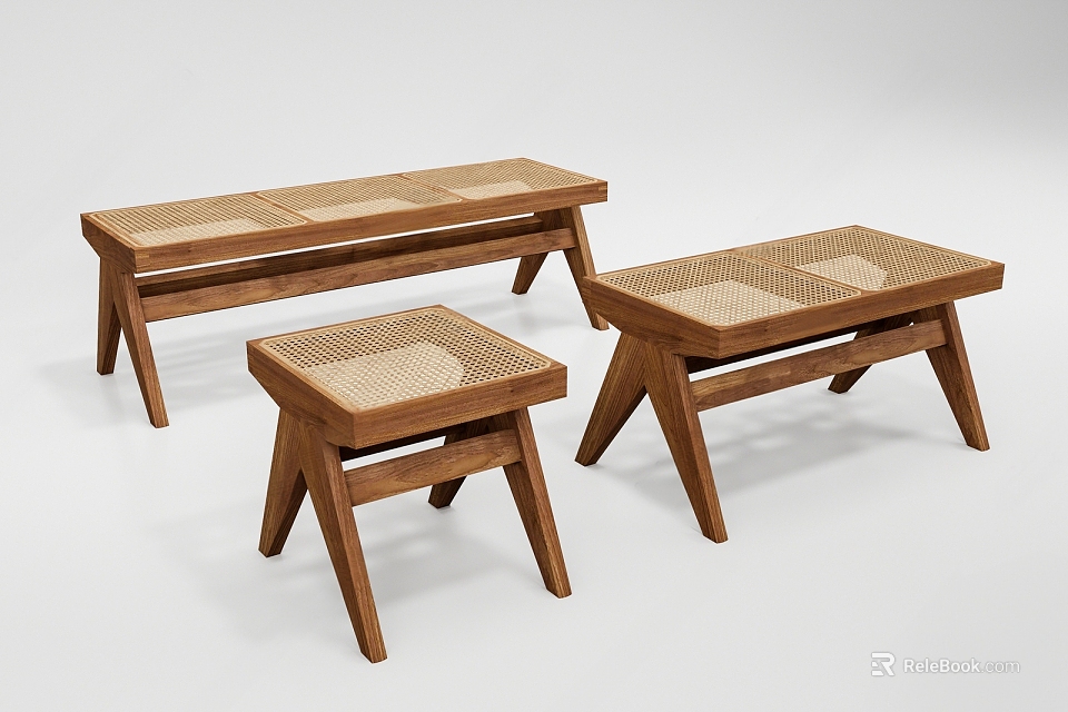 Three Handcrafted Wooden Stools Featuring Woven Texture Seats And Tilted Legs 3d model 