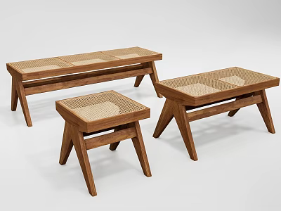 Three Handcrafted Wooden Stools Featuring Woven Texture Seats And Tilted Legs 3d model