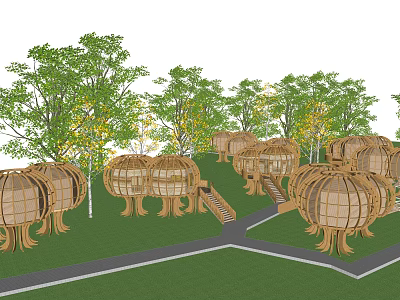 Tall Trees Surrounding Circular Wooden Pavilions In Green Grass Landscape With Pathways 3d model