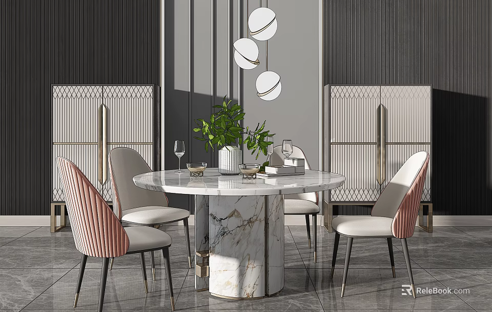 Modern Round Marble Dining Table Set With Upholstered Chairs And Pendant Lights 3d model