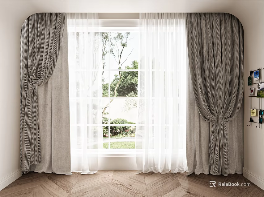 Gray and White Curtains With Tieback Large Window Green Plants Outside Wooden Floor White Walls 3d model 