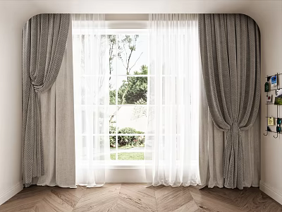 Gray and White Curtains With Tieback Large Window Green Plants Outside Wooden Floor White Walls 3d model