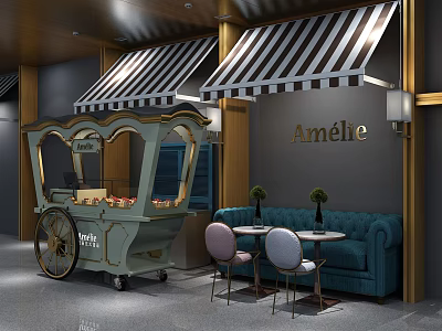 Light Blue Functional Cart With Black White Striped Awnings Blue Sofa Small Round Tables Chairs 3d model