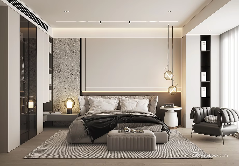Modern Bedroom Interior Design With Textured Headboard Wall Pendant Lights And Accent Chair 3d model 