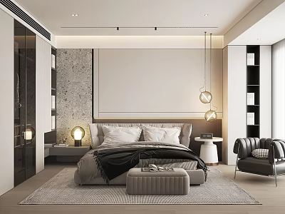Modern Bedroom Interior Design With Textured Headboard Wall Pendant Lights And Accent Chair 3d model
