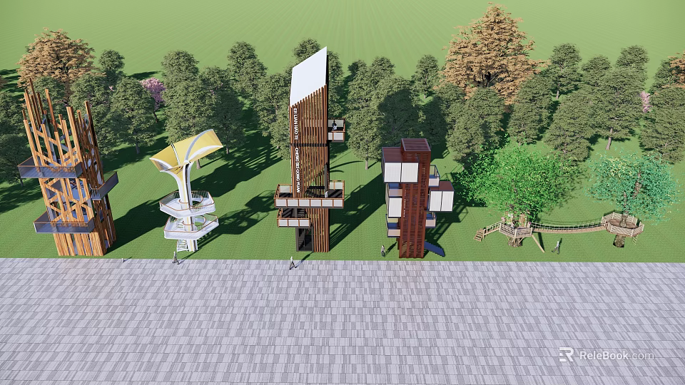 Modern Tower Structures With Wooden Elements Surrounded By Green Trees And Grass 3d model