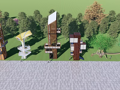 Modern Tower Structures With Wooden Elements Surrounded By Green Trees And Grass 3d model