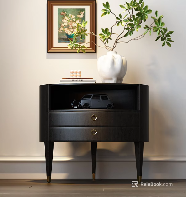 Black Nightstand With Two Drawers White Vase Green Leaves Toy Car And Framed Painting 3d model 