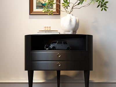 Black Nightstand With Two Drawers White Vase Green Leaves Toy Car And Framed Painting 3d model