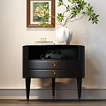 Black Nightstand With Two Drawers White Vase Green Leaves Toy Car And Framed Painting