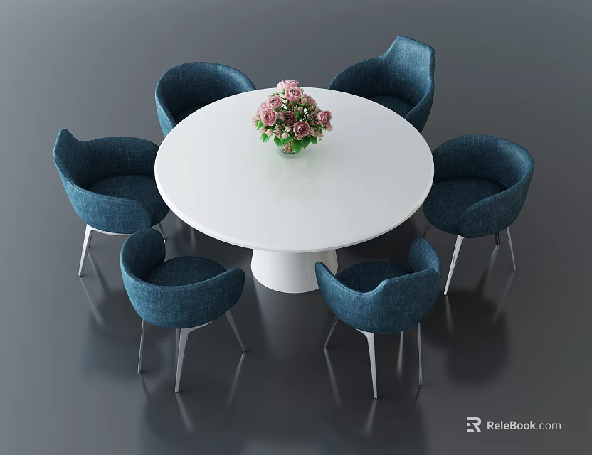 Modern White Round Dining Table Set with Six Blue Chairs and Flower Vase 3d model 
