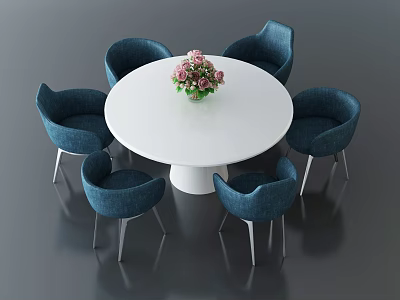 Modern White Round Dining Table Set with Six Blue Chairs and Flower Vase 3d model