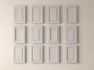 Twelve White Cabinet Doors Neatly Arranged On Light Colored Background Wall 3d model