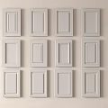 Twelve White Cabinet Doors Neatly Arranged On Light Colored Background Wall