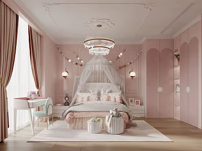 Cozy Pink Children's Bedroom With Canopy Bed Chandelier Desk And String Lights 3d model
