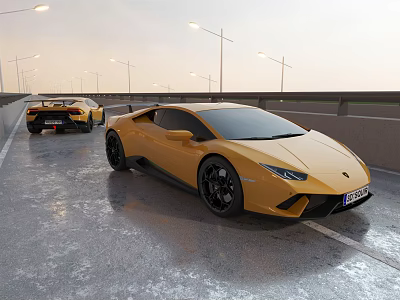 Two Yellow Modern Sports Cars Driving On Highway Road With Shiny Exterior 3d model