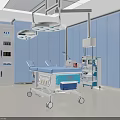 Modern Operating Room Interior With Surgical Bed Lights Medical Equipment Blue Walls And Setup