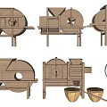 Vintage Handcrafted Wooden Traditional Grain Processing Tools With Structures And Woven Baskets 3d model
