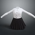 White Long Sleeve Buttoned Shirt with Black Pleated Skirt Women's Fashion Outfit