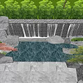 Stone Waterfall Feature Wall With Cascading Water And Reflective Pool Surrounded By Lush Greenery 3d model