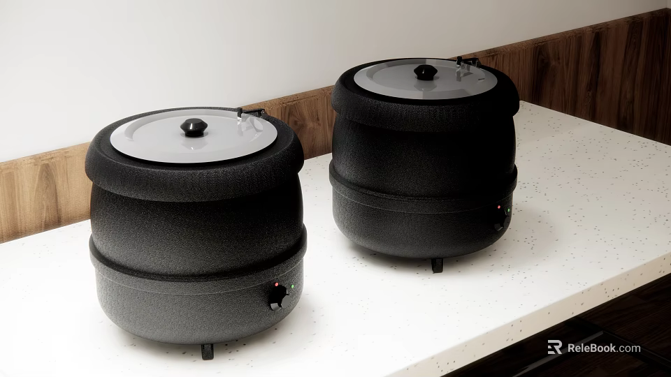 Two Black Electric Rice Cookers With Lids And Knobs On White Countertop 3d model