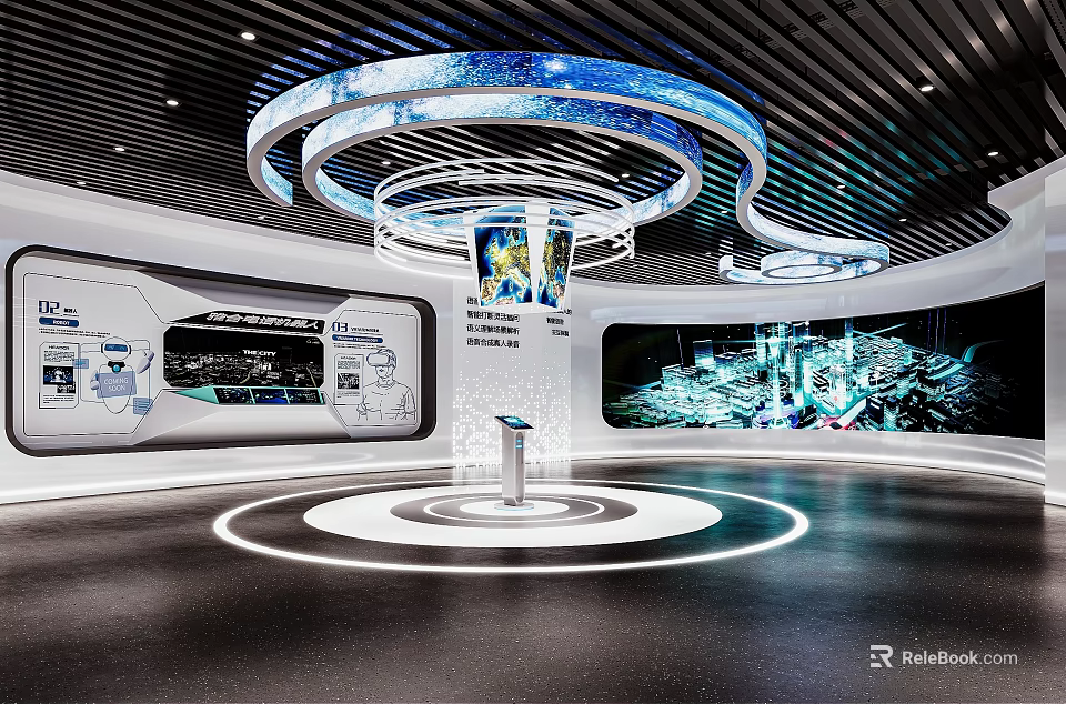 Contemporary Exhibition Space With Circular Ceiling Decor Digital Screens Central Podium And Illuminated Floor 3d model 