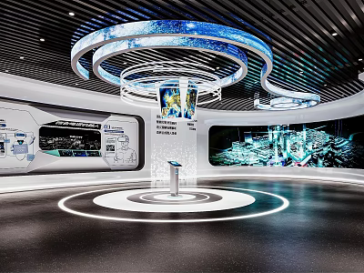 Contemporary Exhibition Space With Circular Ceiling Decor Digital Screens Central Podium And Illuminated Floor 3d model