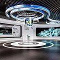 Contemporary Exhibition Space With Circular Ceiling Decor Digital Screens Central Podium And Illuminated Floor