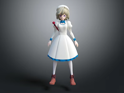 3D Nurse Character In White Dress With Blue Trim And Nurse Cap Holding Red Object 3d model