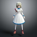 3D Nurse Character In White Dress With Blue Trim And Nurse Cap Holding Red Object