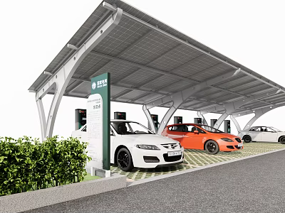 Modern Parking Lot with Solar Canopy EV Charging Stations Parked Cars and Green Shrubs 3d model