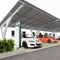 Modern Parking Lot with Solar Canopy EV Charging Stations Parked Cars and Green Shrubs