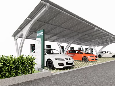 Modern Parking Lot with Solar Canopy EV Charging Stations Parked Cars and Green Shrubs 3d model