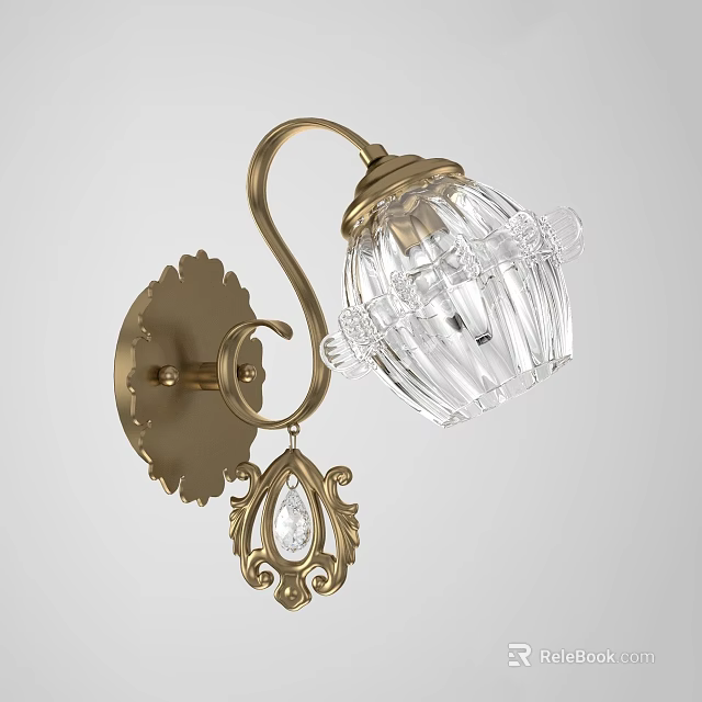 Classic Brass Wall Lamp With Ornate Carved Base Transparent Glass Shade And Crystal Pendant 3d model 