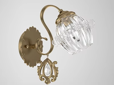 Classic Brass Wall Lamp With Ornate Carved Base Transparent Glass Shade And Crystal Pendant 3d model