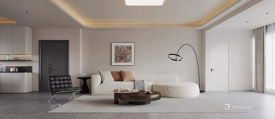 Warm Modern Minimalist Living And Dining Room With Soft Sectional Sofa And Curved Floor Lamp 3d model 