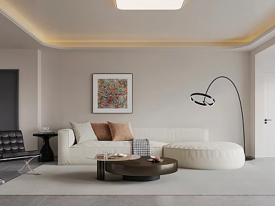 Warm Modern Minimalist Living And Dining Room With Soft Sectional Sofa And Curved Floor Lamp 3d model