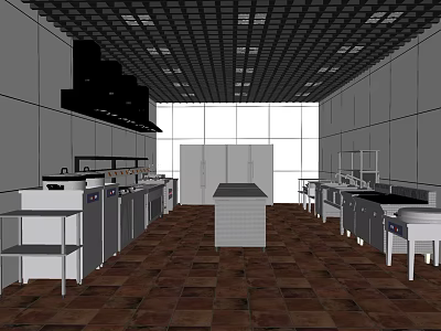 Commercial Kitchen Interior With Appliances Cabinets Central Island And Ventilation System 3d model