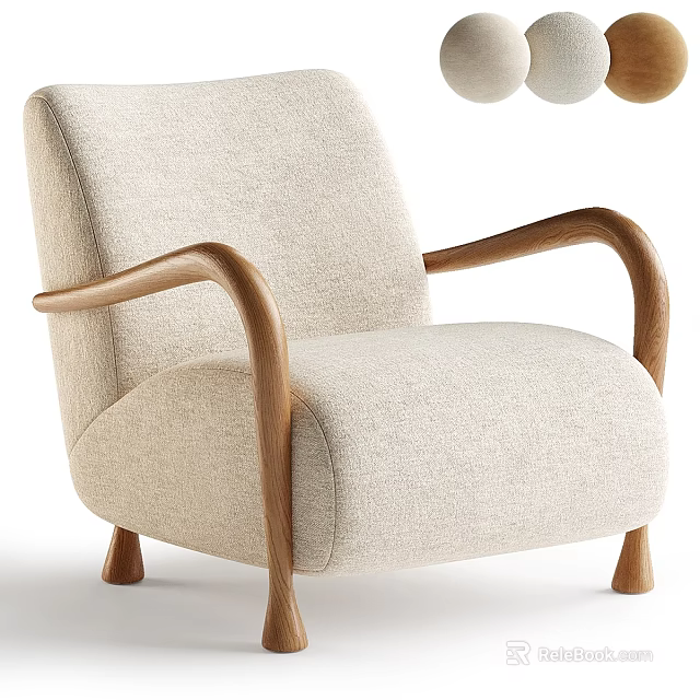 Comfortable Modern Beige Fabric Leisure Chair With Wooden Armrests And Legs 3d model 