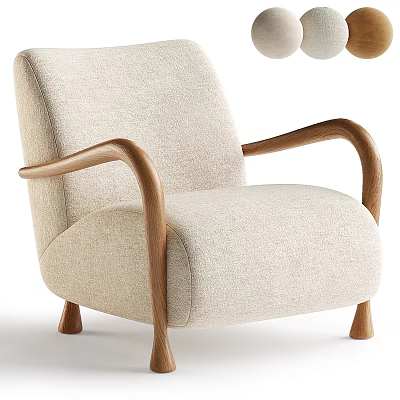 Comfortable Modern Beige Fabric Leisure Chair With Wooden Armrests And Legs 3d model