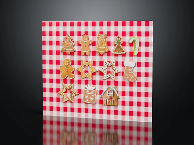Christmas Decorative Ornament Set With Gingerbread Man Tree Bell Star On Red White Checkered Background 3d model