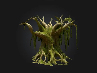 Ancient Tree With Twisted Branches Exposed Roots And Green Moss Growth 3d model