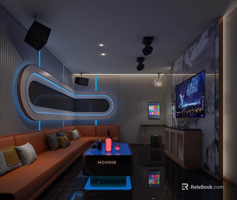 Modern KTV Interior With Orange Sofa Large Screen TV Blue Neon Lights And Black Speakers 3d model 