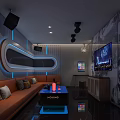 Modern KTV Interior With Orange Sofa Large Screen TV Blue Neon Lights And Black Speakers