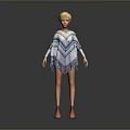3D Game Movie Character with Blonde Hair Blue White Chevron Cape Dress Fringes Red Shoes