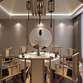 Traditional Chinese Private Dining Room With Round Table Wooden Chairs And Hanging Lanterns