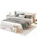 Modern Double Bed Interior Design With Side Tables Footstool Rug Pillows Lamps And Plants