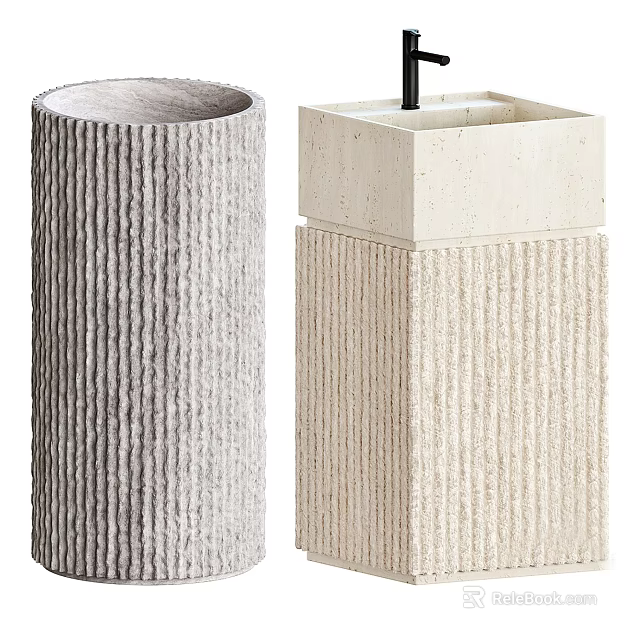 Modern Ribbed Pedestal Washbasins Cylindrical And Square With Textured Concrete In Gray And Beige 3d model 